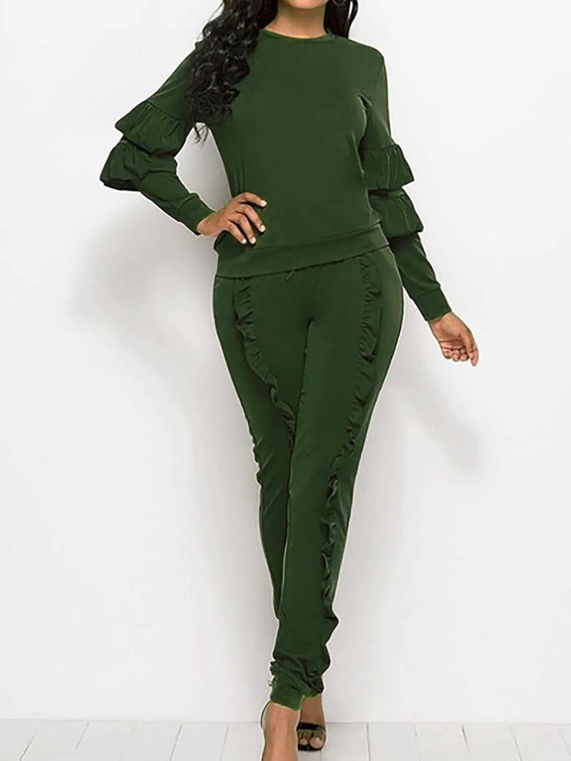 KANSOON Women 2 Pieces Outfits Puff Sleeve Top and Long Flounced Pants Sweatsuits Set Tracksuits