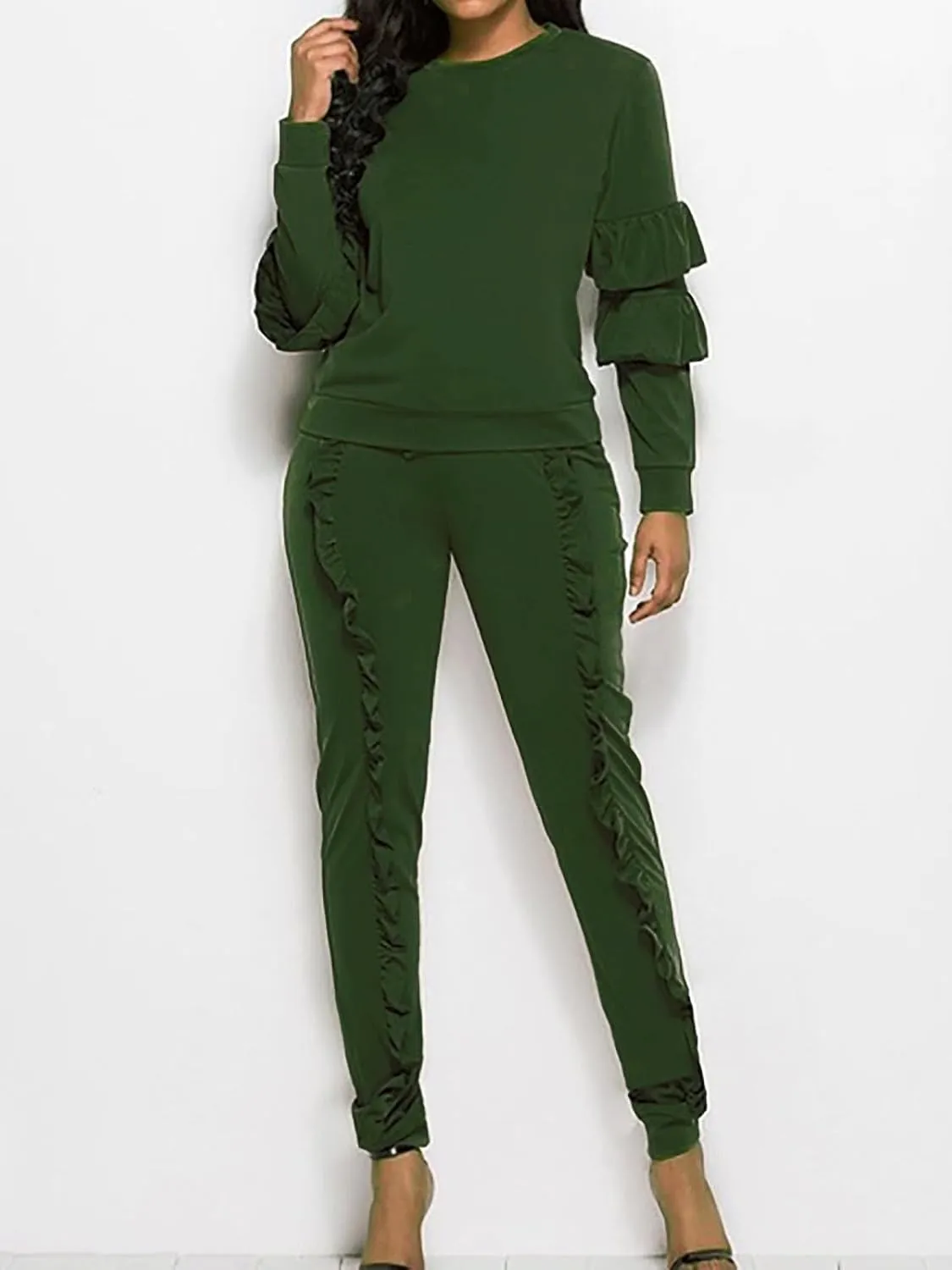 KANSOON Women 2 Pieces Outfits Puff Sleeve Top and Long Flounced Pants Sweatsuits Set Tracksuits