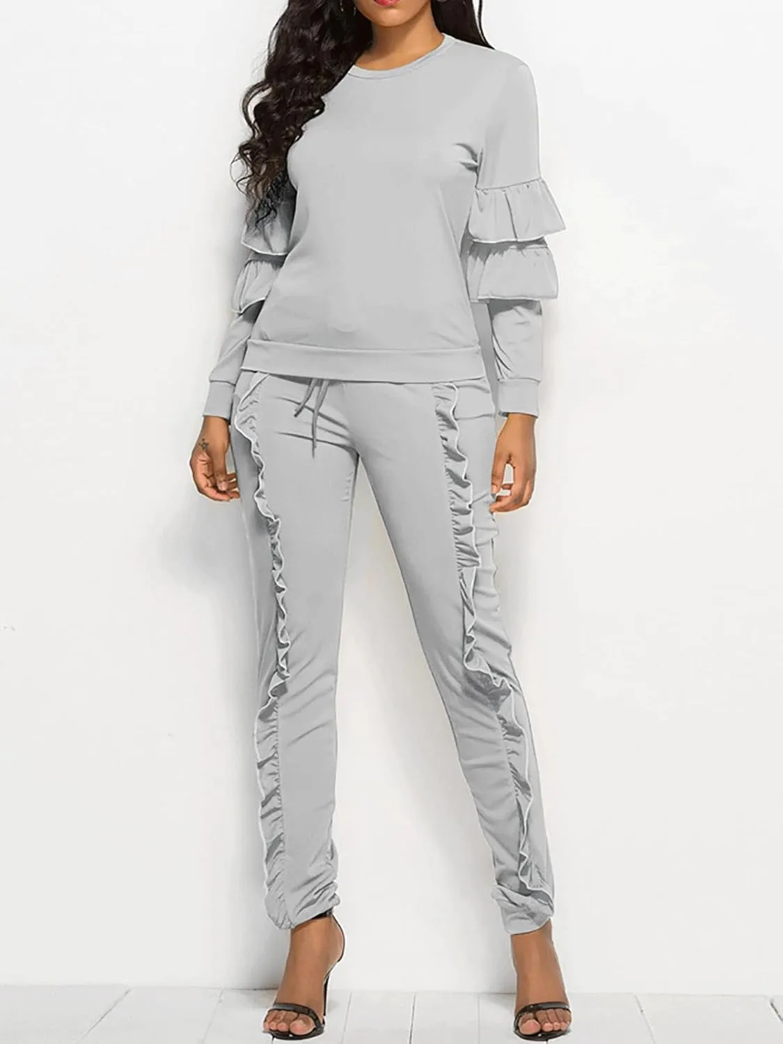 KANSOON Women 2 Pieces Outfits Puff Sleeve Top and Long Flounced Pants Sweatsuits Set Tracksuits