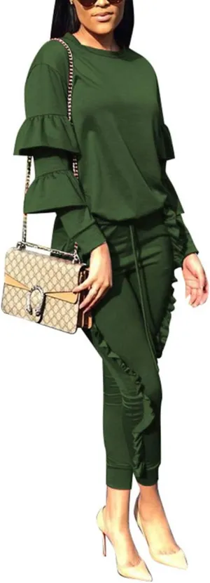 KANSOON Women 2 Pieces Outfits Puff Sleeve Top and Long Flounced Pants Sweatsuits Set Tracksuits