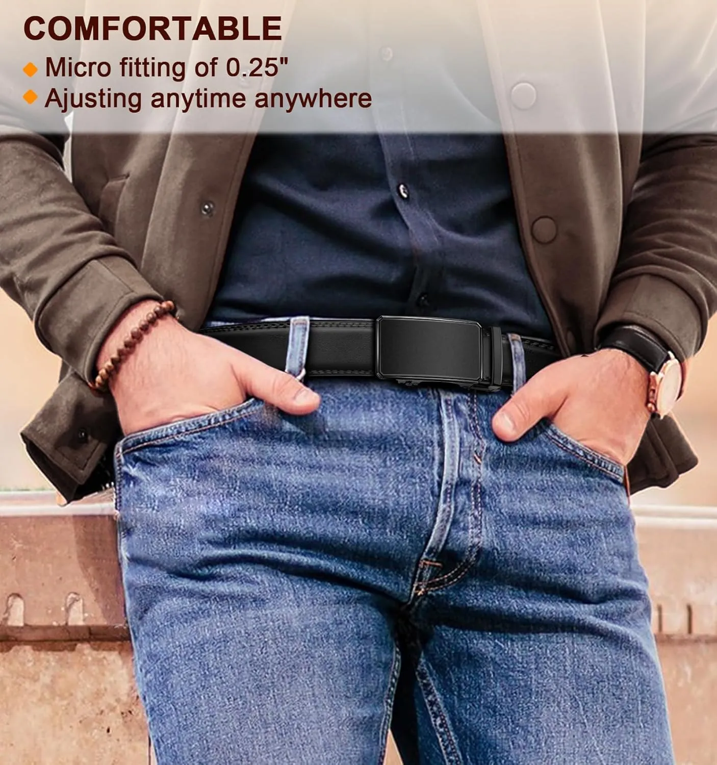 KEMISANT Men Belt Ratchet Click Belt Genuine Leather Adjustable For Men Golf Dress Casual Jeans 1 3/8-Cut For Fit