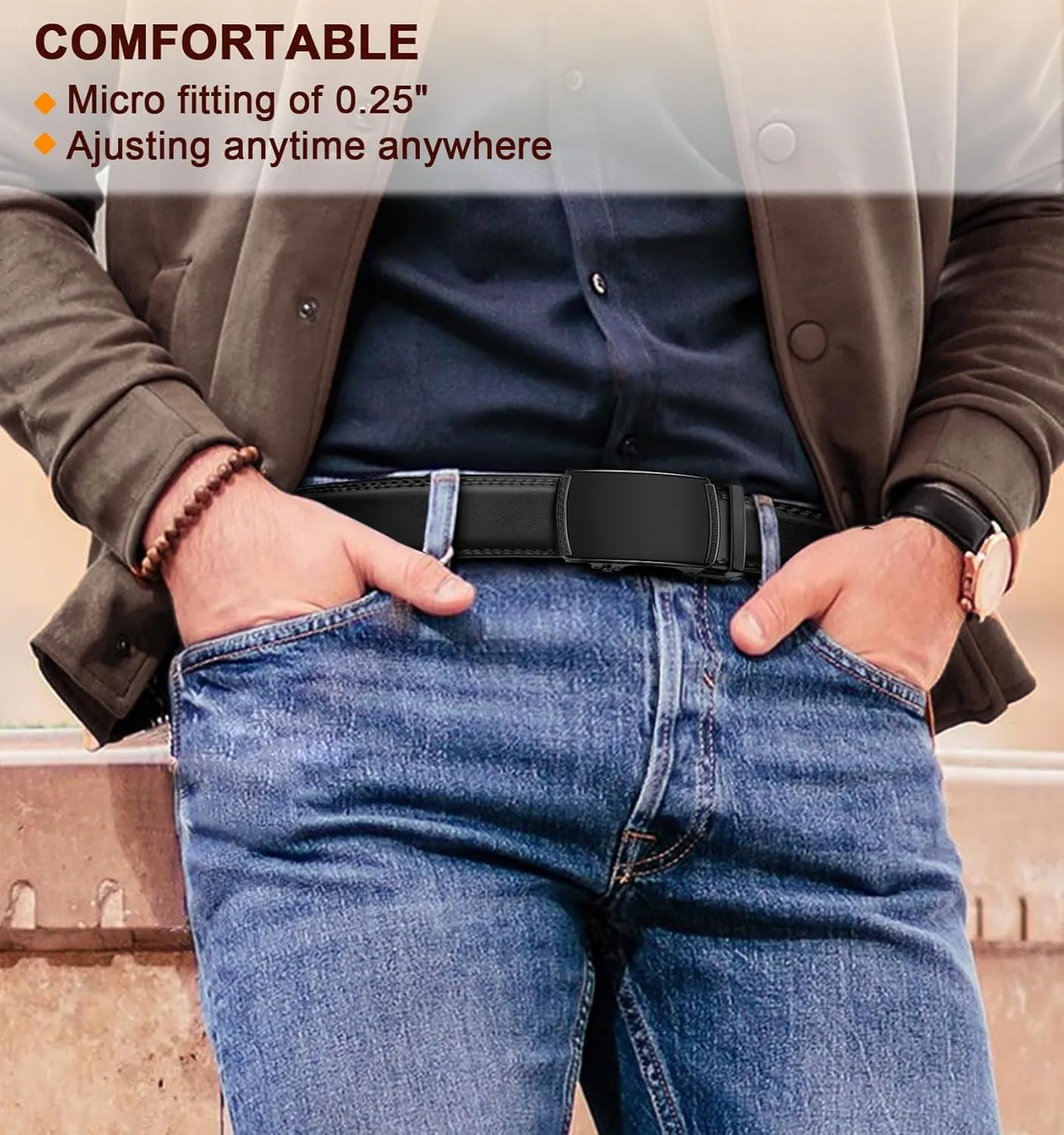 KEMISANT Men Belt Ratchet Click Belt Genuine Leather Adjustable For Men Golf Dress Casual Jeans 1 3/8-Cut For Fit