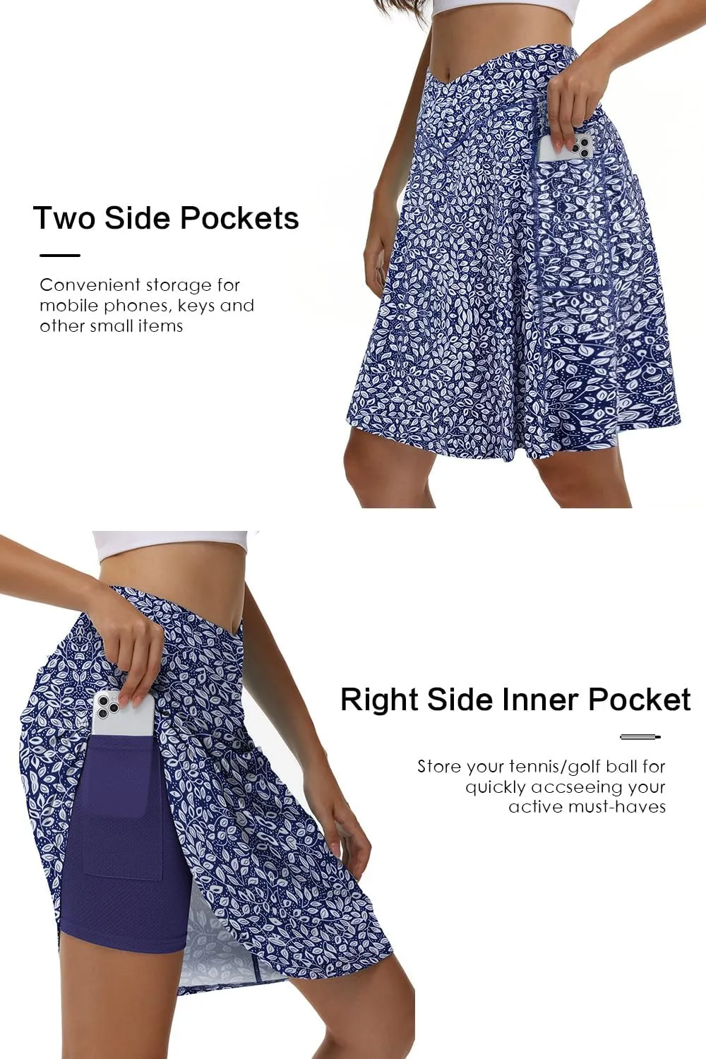 KORALHY 21" Knee Length Golf Skorts Skirts for Women Cross Waist Athletic Skorts with Shorts Tennis Skirt with 3 Pockets