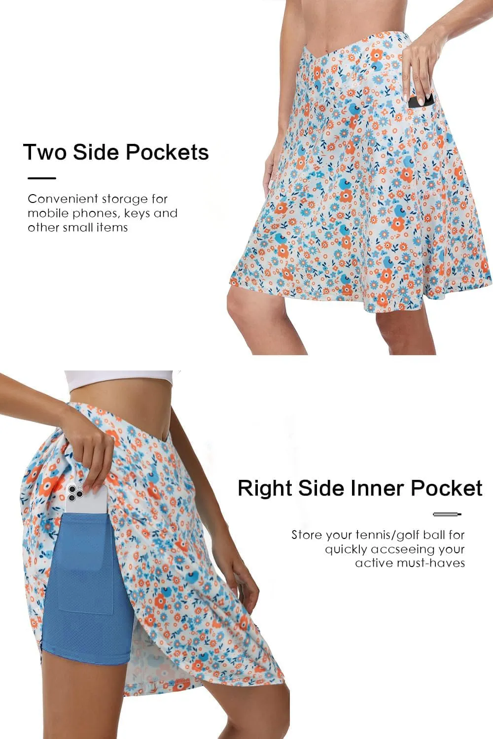 KORALHY 21" Knee Length Golf Skorts Skirts for Women Cross Waist Athletic Skorts with Shorts Tennis Skirt with 3 Pockets