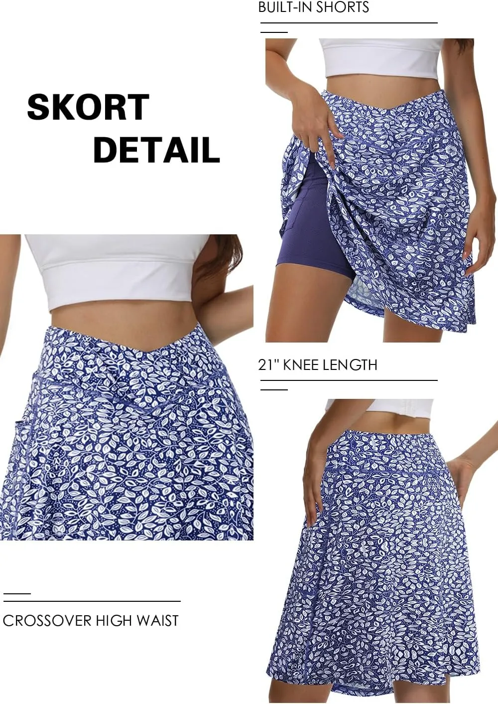 KORALHY 21" Knee Length Golf Skorts Skirts for Women Cross Waist Athletic Skorts with Shorts Tennis Skirt with 3 Pockets