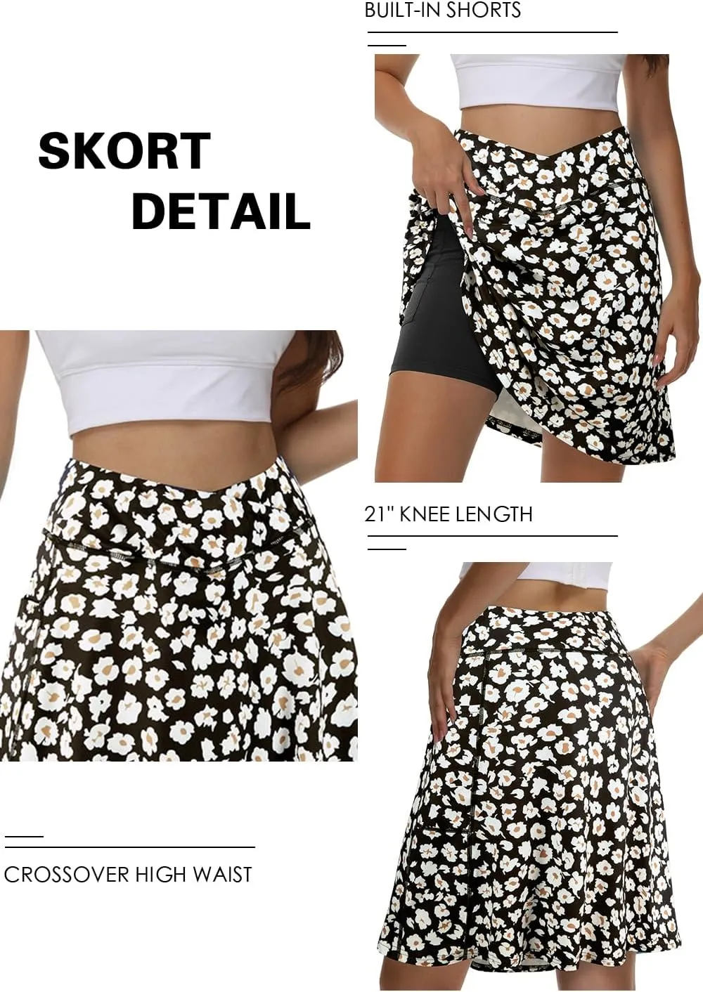 KORALHY 21" Knee Length Golf Skorts Skirts for Women Cross Waist Athletic Skorts with Shorts Tennis Skirt with 3 Pockets