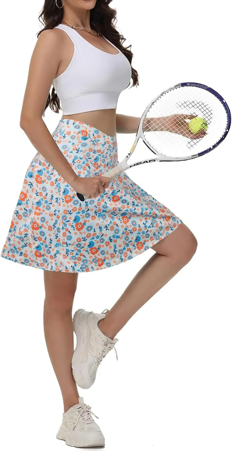 KORALHY 21" Knee Length Golf Skorts Skirts for Women Cross Waist Athletic Skorts with Shorts Tennis Skirt with 3 Pockets