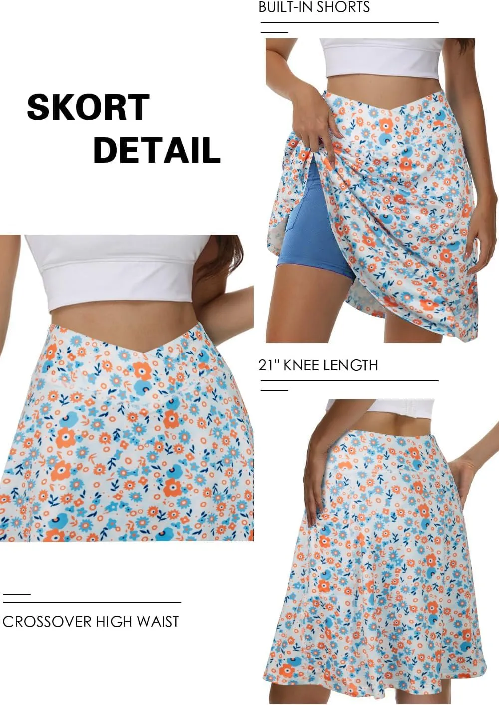 KORALHY 21" Knee Length Golf Skorts Skirts for Women Cross Waist Athletic Skorts with Shorts Tennis Skirt with 3 Pockets