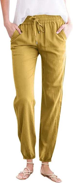 Kubbon Womens Cotton Linen Pants Casual Straight Leg Drawstring Elastic High Waist Trousers Comfy Harem Pants with Pockets