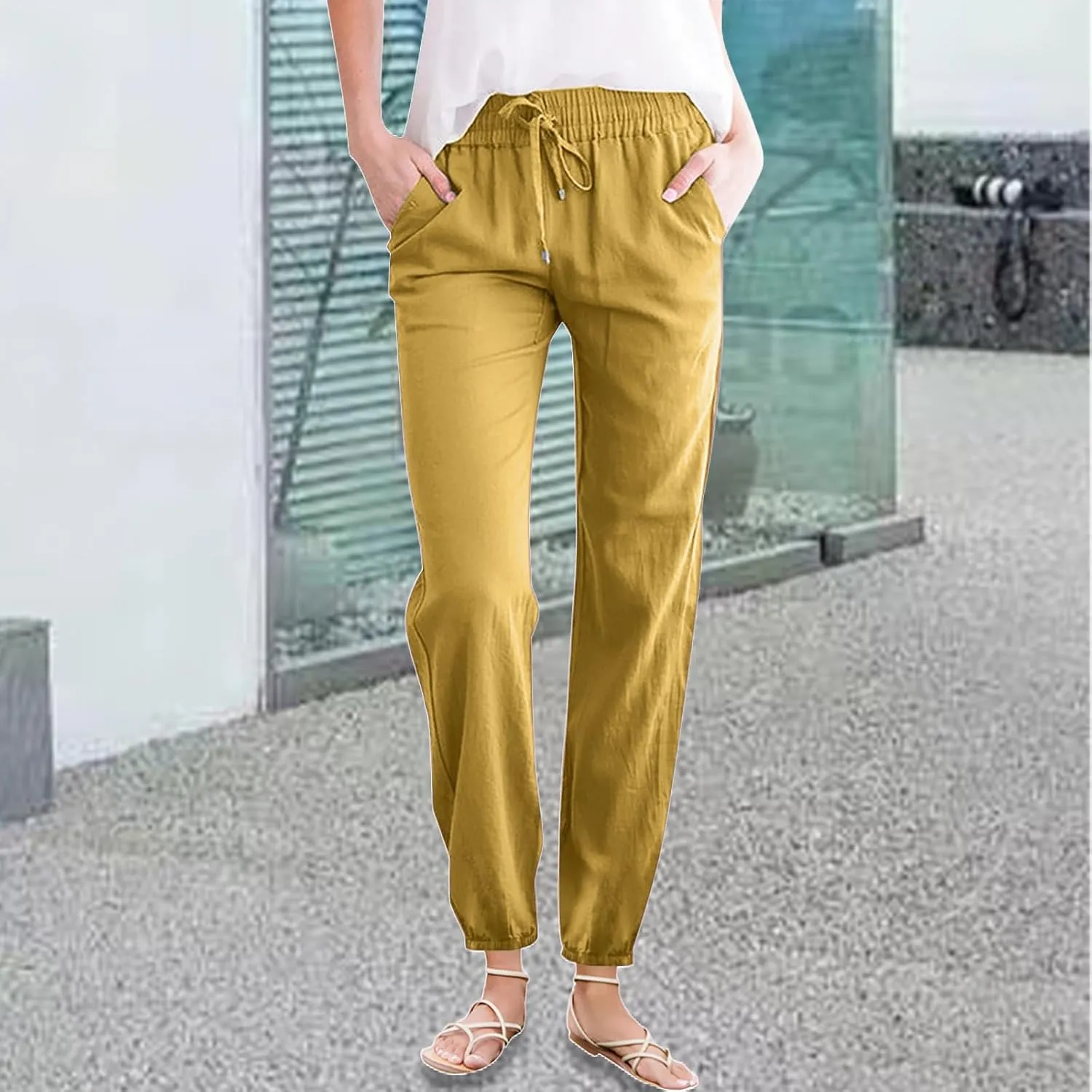 Kubbon Womens Cotton Linen Pants Casual Straight Leg Drawstring Elastic High Waist Trousers Comfy Harem Pants with Pockets