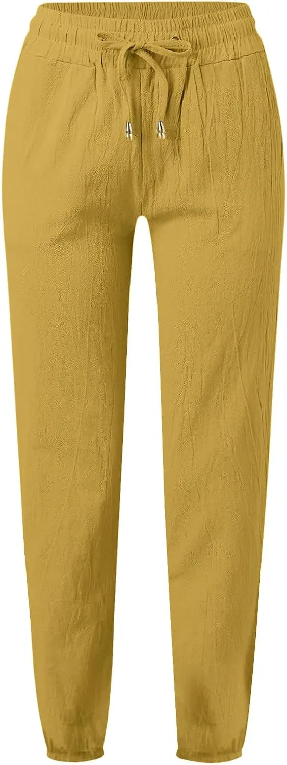 Kubbon Womens Cotton Linen Pants Casual Straight Leg Drawstring Elastic High Waist Trousers Comfy Harem Pants with Pockets