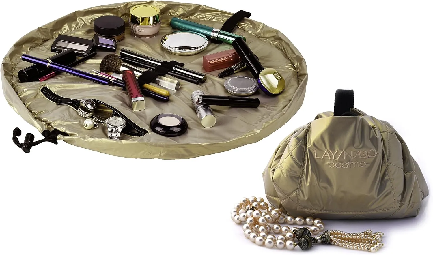 Lay-n-Go Cosmo Drawstring Makeup Bag Organizer, Water-Resistant Cosmetic Pouch for Travel, Stylish & Durable Toiletry Bag, Machine Washable, Large Capacity, 20-Inch, Metallic Gold