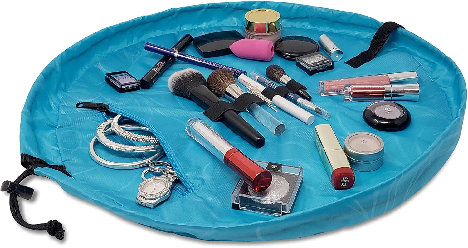 Lay-n-Go Cosmo Drawstring Makeup Bag Organizer, Water-Resistant Cosmetic Pouch for Travel, Stylish & Durable Toiletry Bag, Machine Washable, Large Capacity, 20-Inch, Ocean Blue