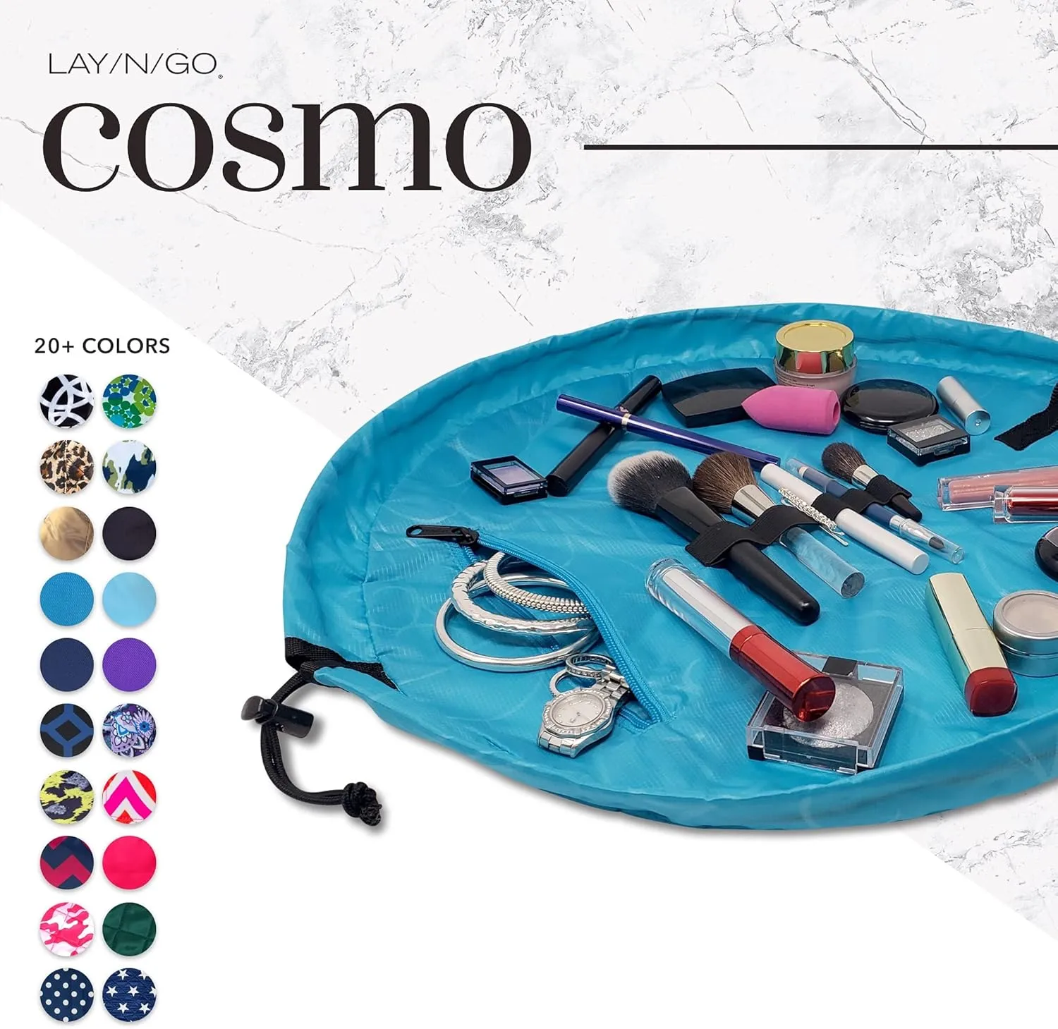 Lay-n-Go Cosmo Drawstring Makeup Bag Organizer, Water-Resistant Cosmetic Pouch for Travel, Stylish & Durable Toiletry Bag, Machine Washable, Large Capacity, 20-Inch, Ocean Blue