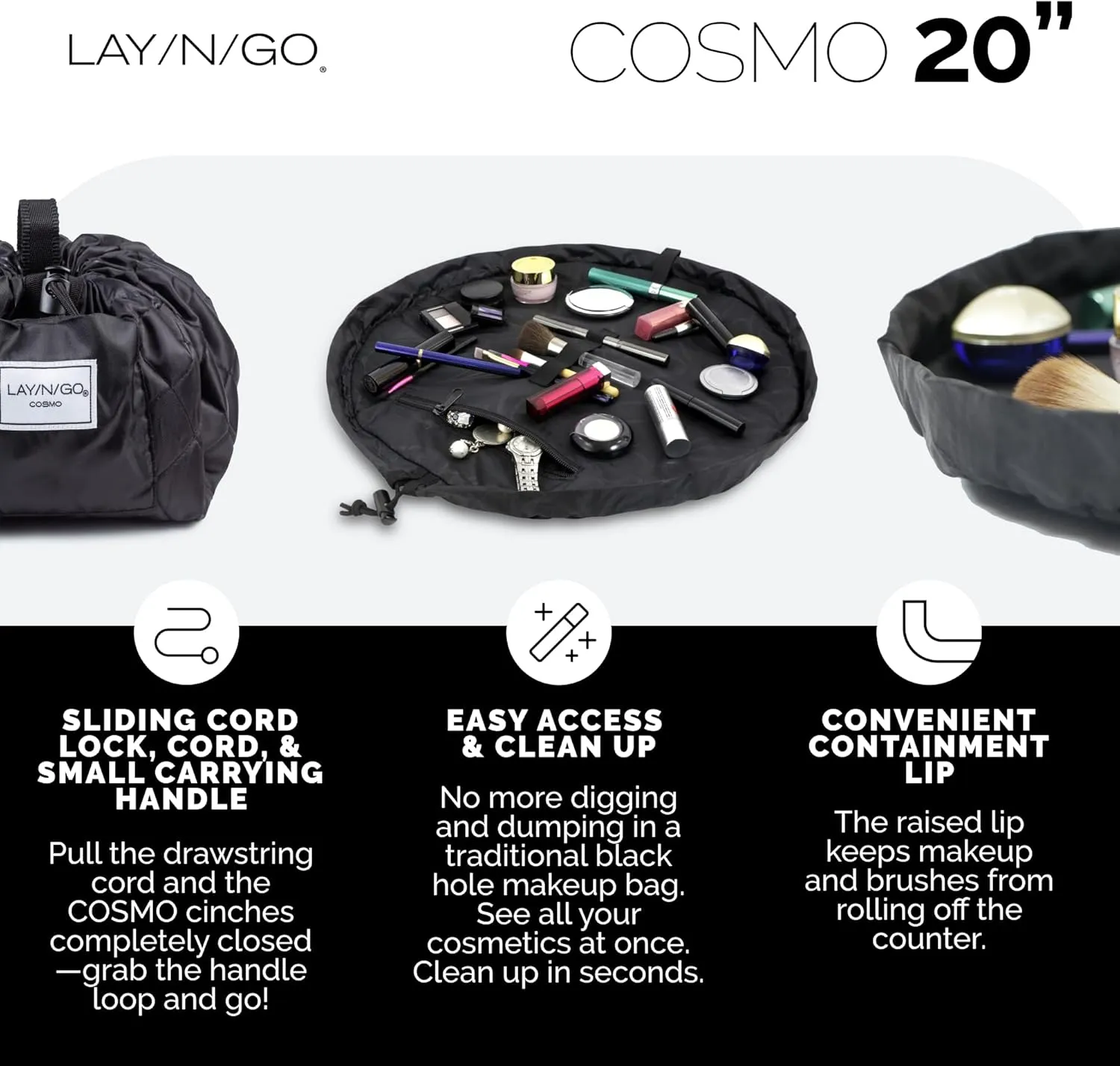 Lay-n-Go Cosmo Drawstring Makeup Bag Organizer, Water-Resistant Cosmetic Pouch for Travel, Stylish & Durable Toiletry Bag, Machine Washable, Large Capacity, 20-Inch, Purple