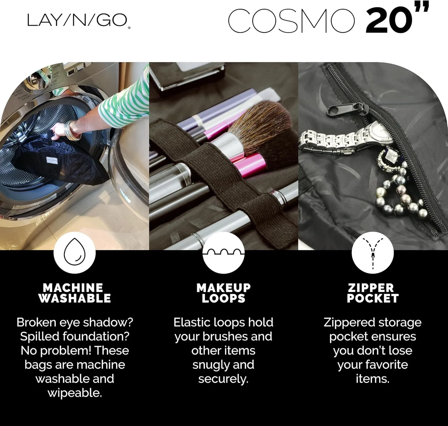 Lay-n-Go Cosmo Drawstring Makeup Bag Organizer, Water-Resistant Cosmetic Pouch for Travel, Stylish & Durable Toiletry Bag, Machine Washable, Large Capacity, 20-Inch, Purple