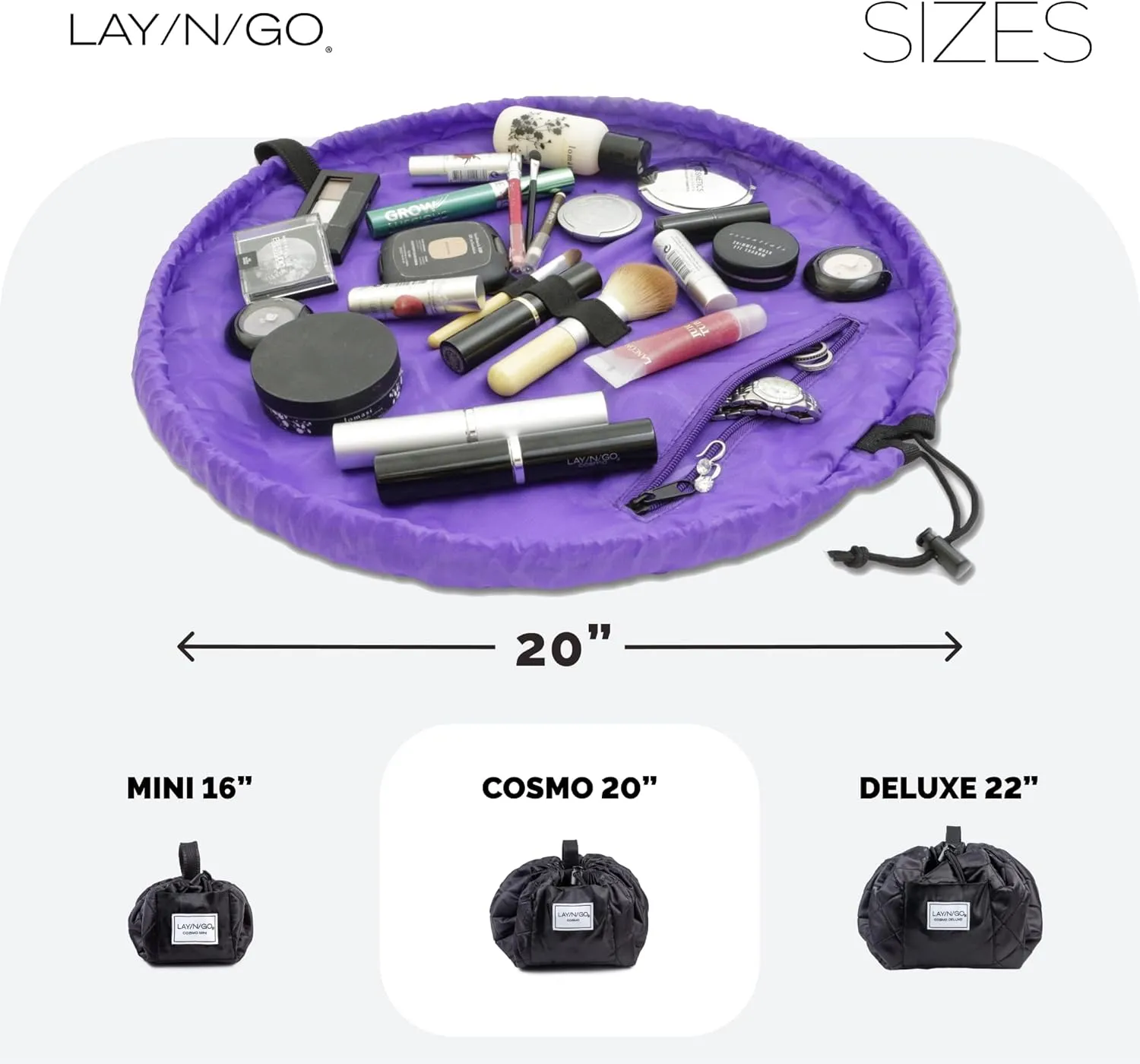 Lay-n-Go Cosmo Drawstring Makeup Bag Organizer, Water-Resistant Cosmetic Pouch for Travel, Stylish & Durable Toiletry Bag, Machine Washable, Large Capacity, 20-Inch, Purple