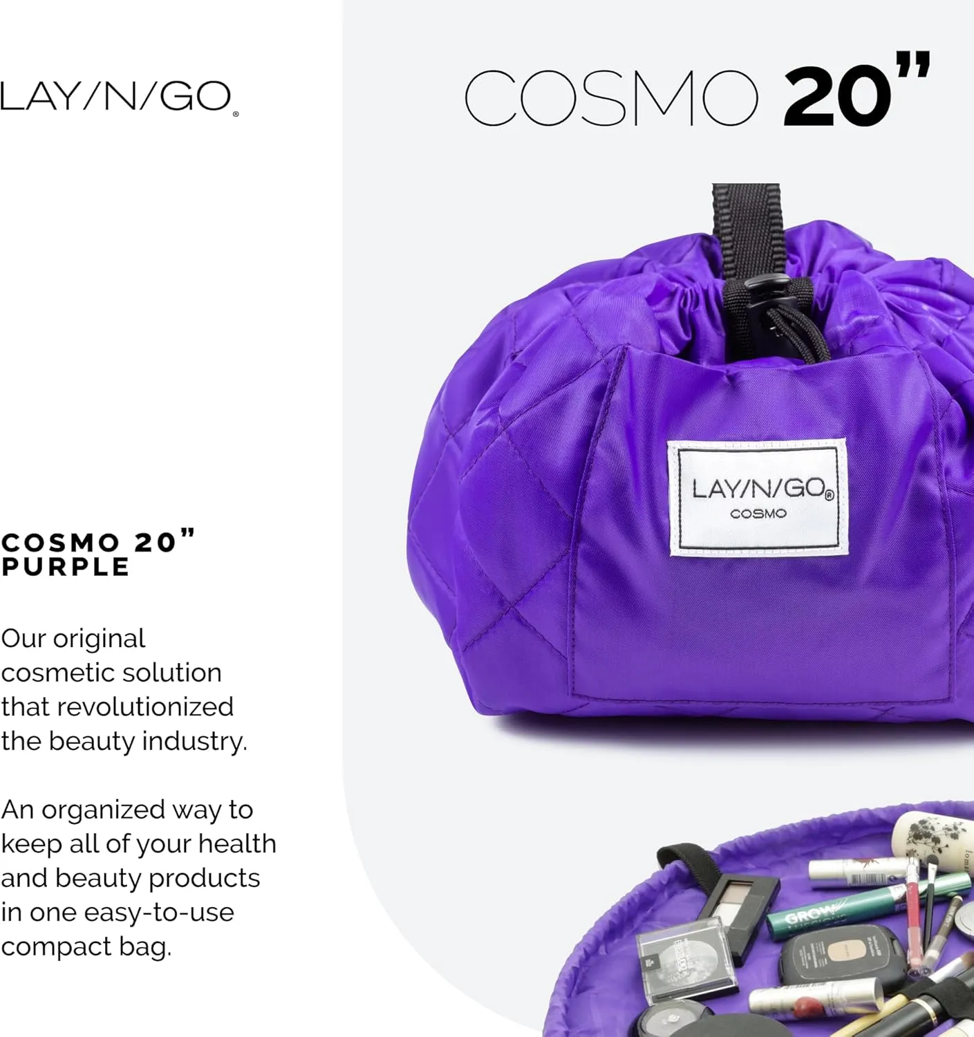 Lay-n-Go Cosmo Drawstring Makeup Bag Organizer, Water-Resistant Cosmetic Pouch for Travel, Stylish & Durable Toiletry Bag, Machine Washable, Large Capacity, 20-Inch, Purple
