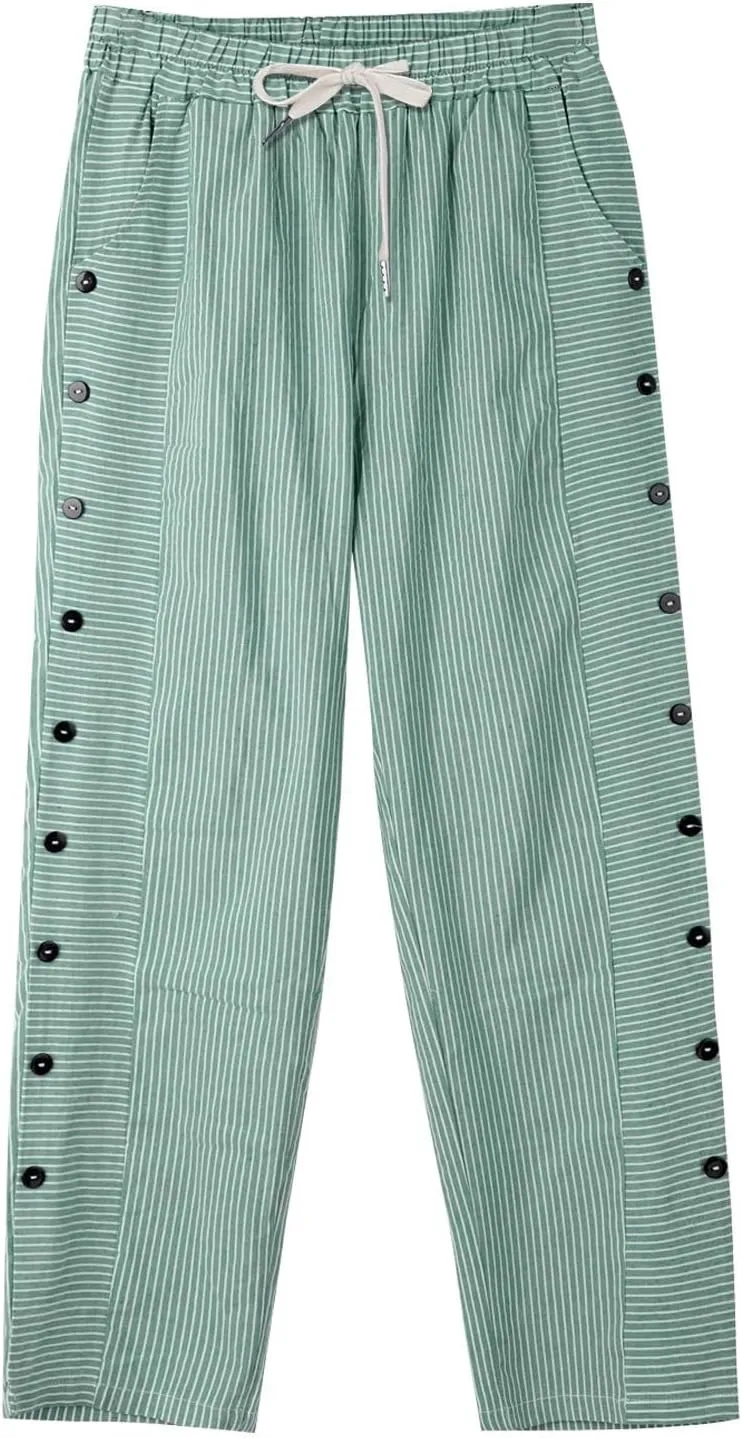 Linen Crop Pants for Women Elastic Waistband High Waistband Pocket Pants Side Nine Point Loose Casual