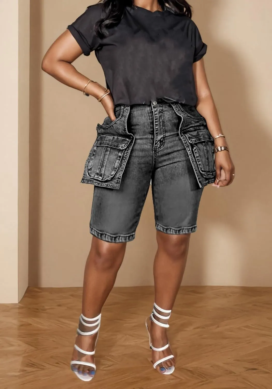 LKOUS Women's Cargo Denim Shorts, Y2K Straight Wide Leg Cargo Pants, High Waisted Cargo Jeans with Pocket