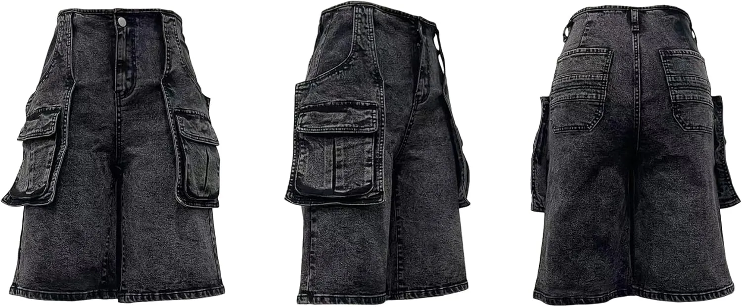 LKOUS Women's Cargo Denim Shorts, Y2K Straight Wide Leg Cargo Pants, High Waisted Cargo Jeans with Pocket