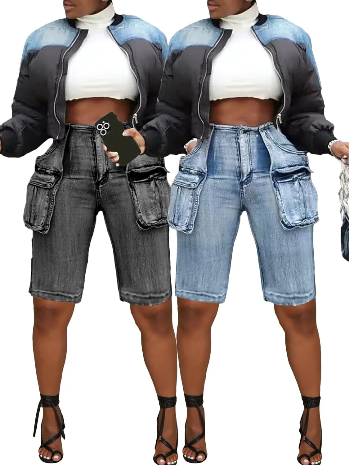 LKOUS Women's Cargo Denim Shorts, Y2K Straight Wide Leg Cargo Pants, High Waisted Cargo Jeans with Pocket