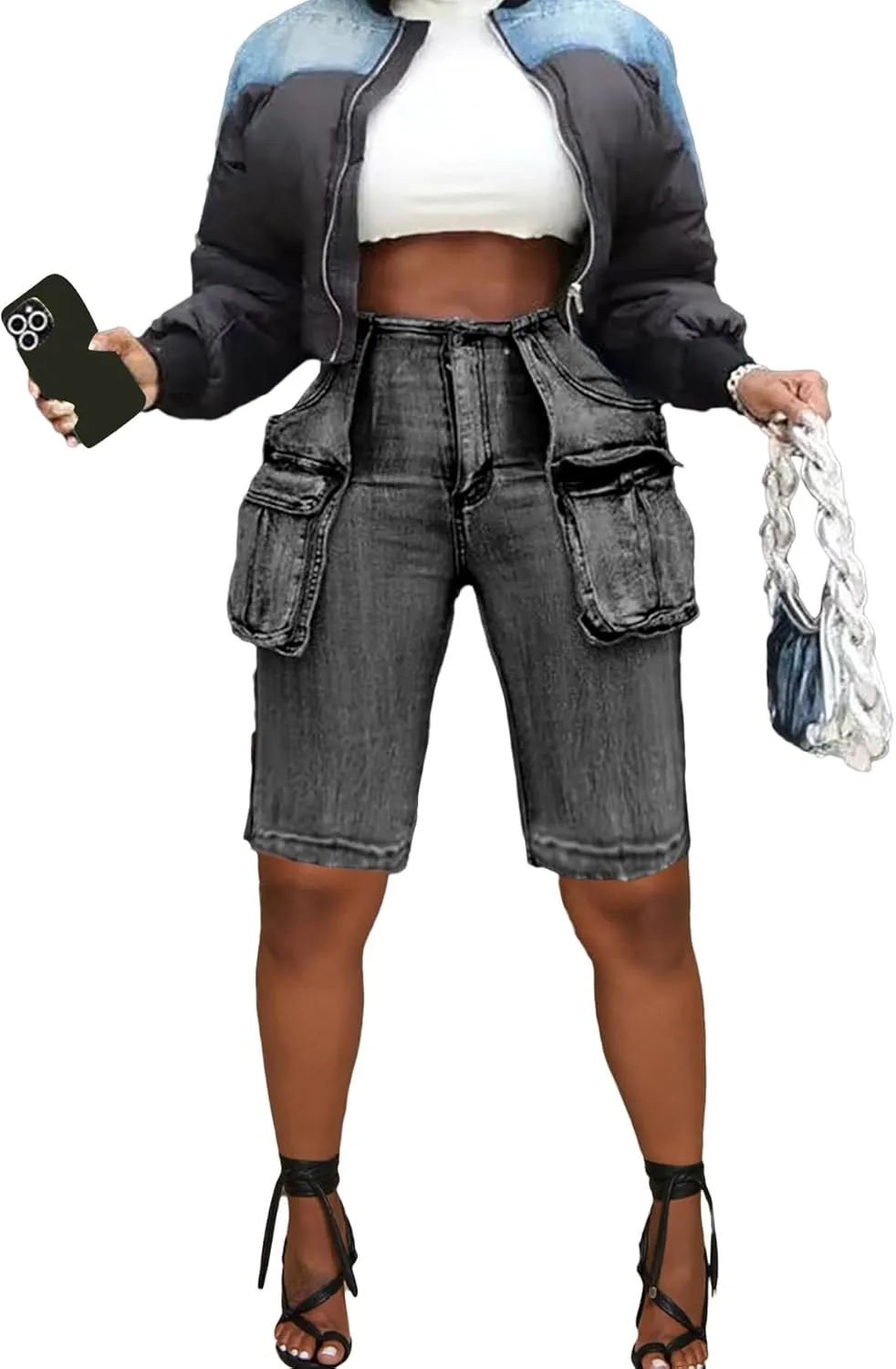 LKOUS Women's Cargo Denim Shorts, Y2K Straight Wide Leg Cargo Pants, High Waisted Cargo Jeans with Pocket