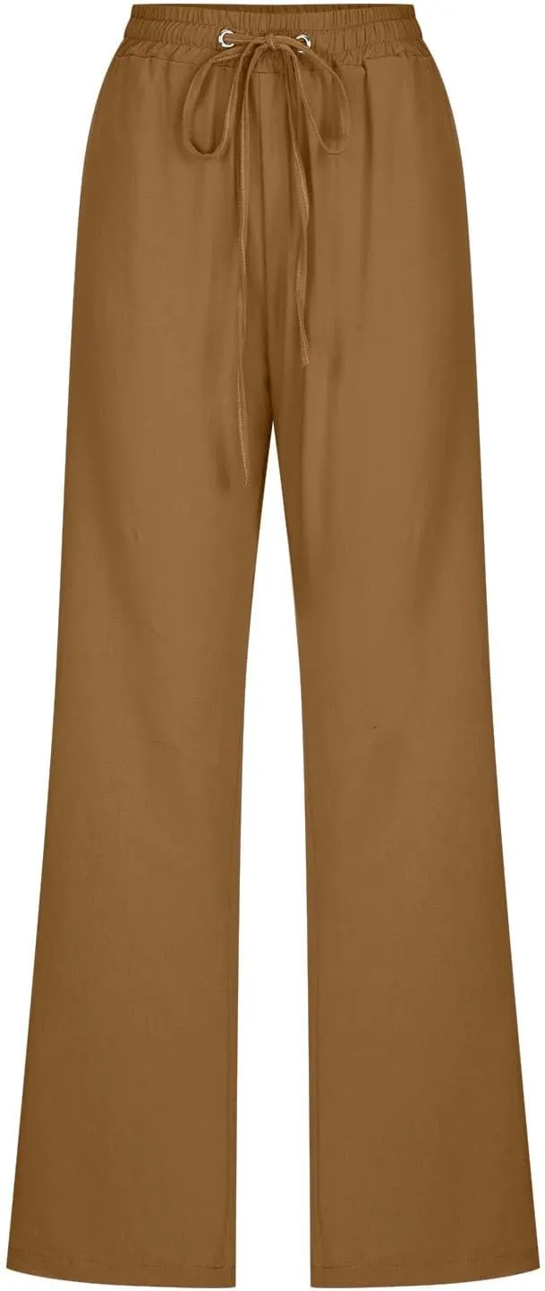 Lmdudan 2025 Cotton Linen Pants Women Straight Leg Drawstring Elastic Hight Waist Trousers with Pockets Loose Palazzo Pants