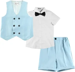 LOLANTA 4Pcs Summer Boys Suit, Kids Dress Clothes Shirt Vest Shorts Bow Tie, Waistcoat Tuxedo Wedding Ring Bearer Outfit