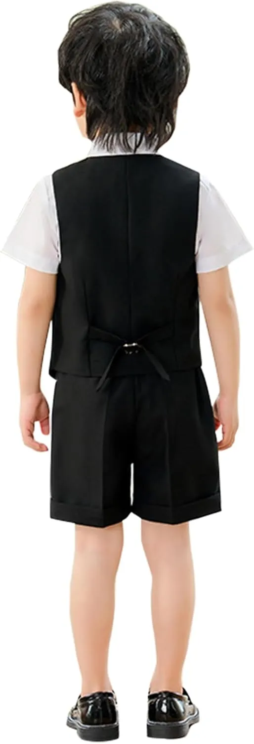 LOLANTA 4Pcs Summer Boys Suit, Kids Dress Clothes Shirt Vest Shorts Bow Tie, Waistcoat Tuxedo Wedding Ring Bearer Outfit