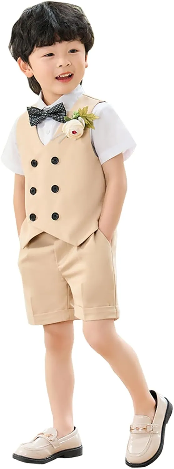 LOLANTA 4Pcs Summer Boys Suit, Kids Dress Clothes Shirt Vest Shorts Bow Tie, Waistcoat Tuxedo Wedding Ring Bearer Outfit