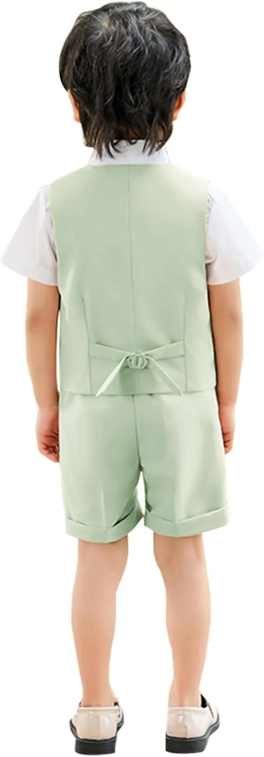 LOLANTA 4Pcs Summer Boys Suit, Kids Dress Clothes Shirt Vest Shorts Bow Tie, Waistcoat Tuxedo Wedding Ring Bearer Outfit