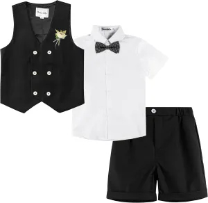 LOLANTA 4Pcs Summer Boys Suit, Kids Dress Clothes Shirt Vest Shorts Bow Tie, Waistcoat Tuxedo Wedding Ring Bearer Outfit