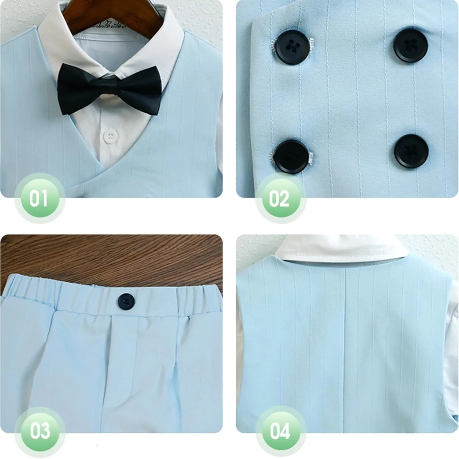 LOLANTA 4Pcs Summer Boys Suit, Kids Dress Clothes Shirt Vest Shorts Bow Tie, Waistcoat Tuxedo Wedding Ring Bearer Outfit