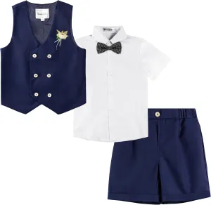 LOLANTA 4Pcs Summer Boys Suit, Kids Dress Clothes Shirt Vest Shorts Bow Tie, Waistcoat Tuxedo Wedding Ring Bearer Outfit