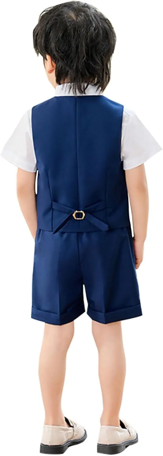 LOLANTA 4Pcs Summer Boys Suit, Kids Dress Clothes Shirt Vest Shorts Bow Tie, Waistcoat Tuxedo Wedding Ring Bearer Outfit