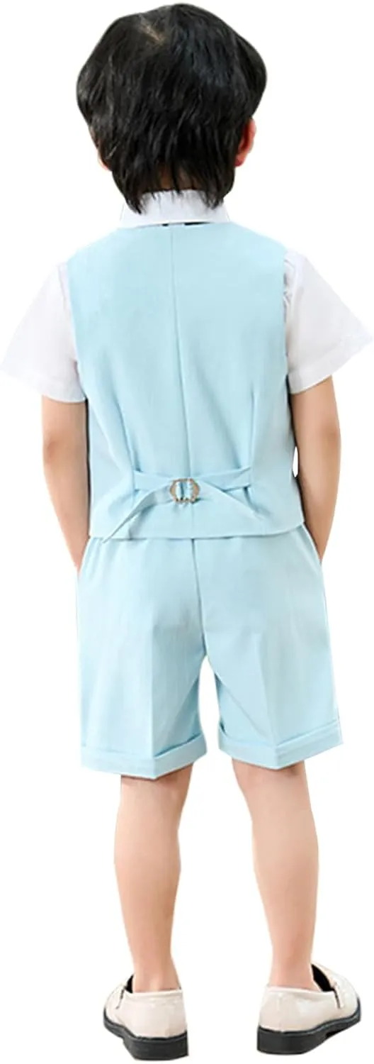 LOLANTA 4Pcs Summer Boys Suit, Kids Dress Clothes Shirt Vest Shorts Bow Tie, Waistcoat Tuxedo Wedding Ring Bearer Outfit