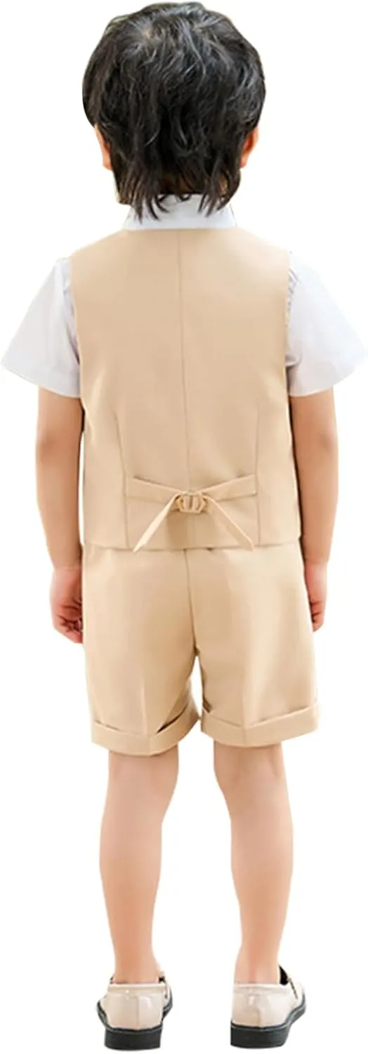 LOLANTA 4Pcs Summer Boys Suit, Kids Dress Clothes Shirt Vest Shorts Bow Tie, Waistcoat Tuxedo Wedding Ring Bearer Outfit