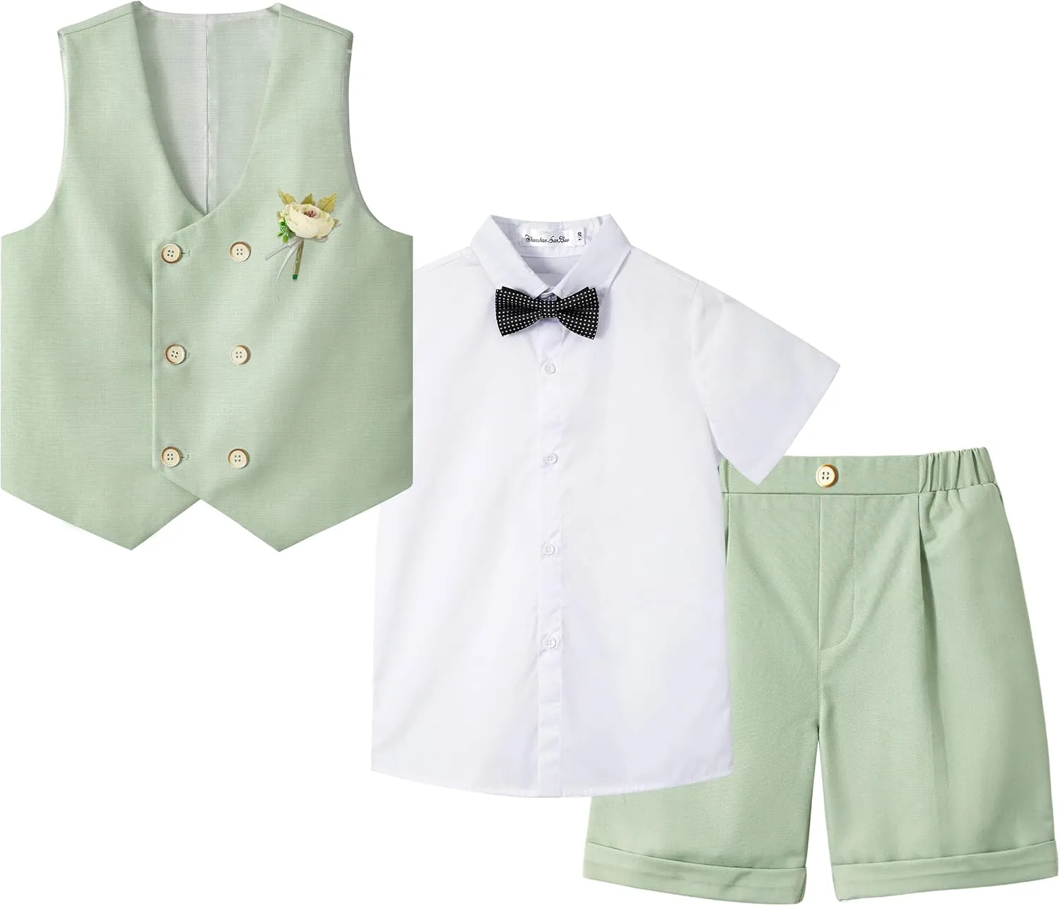 LOLANTA 4Pcs Summer Boys Suit, Kids Dress Clothes Shirt Vest Shorts Bow Tie, Waistcoat Tuxedo Wedding Ring Bearer Outfit