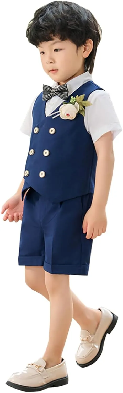 LOLANTA 4Pcs Summer Boys Suit, Kids Dress Clothes Shirt Vest Shorts Bow Tie, Waistcoat Tuxedo Wedding Ring Bearer Outfit