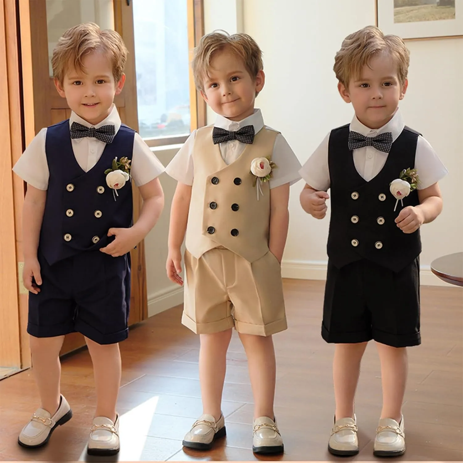 LOLANTA 4Pcs Summer Boys Suit, Kids Dress Clothes Shirt Vest Shorts Bow Tie, Waistcoat Tuxedo Wedding Ring Bearer Outfit