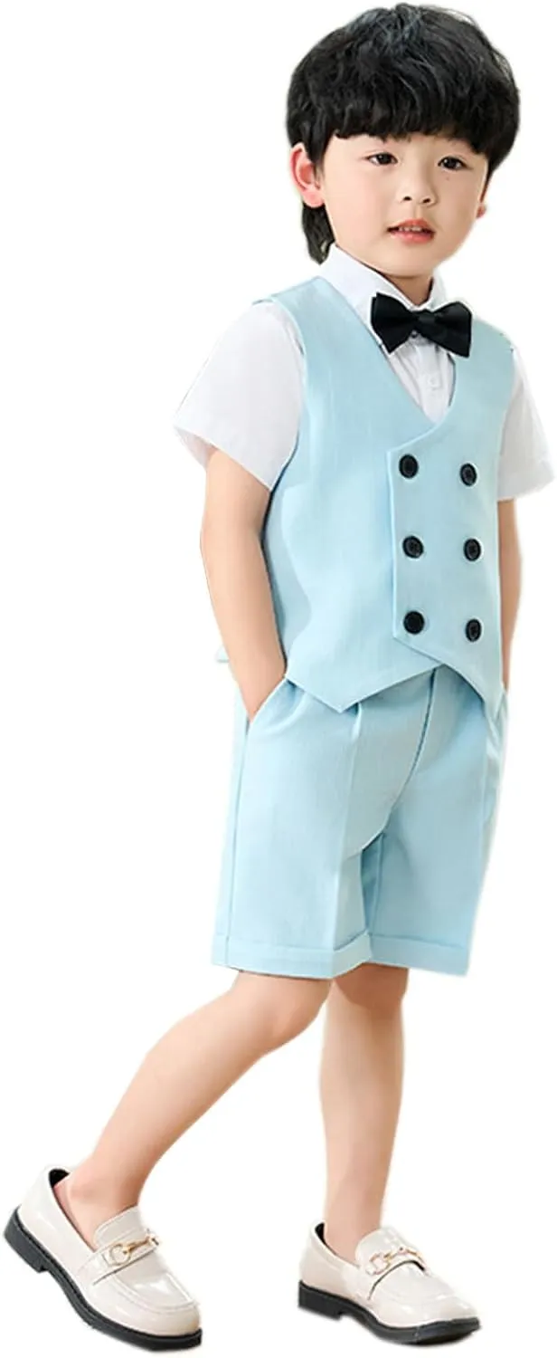 LOLANTA 4Pcs Summer Boys Suit, Kids Dress Clothes Shirt Vest Shorts Bow Tie, Waistcoat Tuxedo Wedding Ring Bearer Outfit