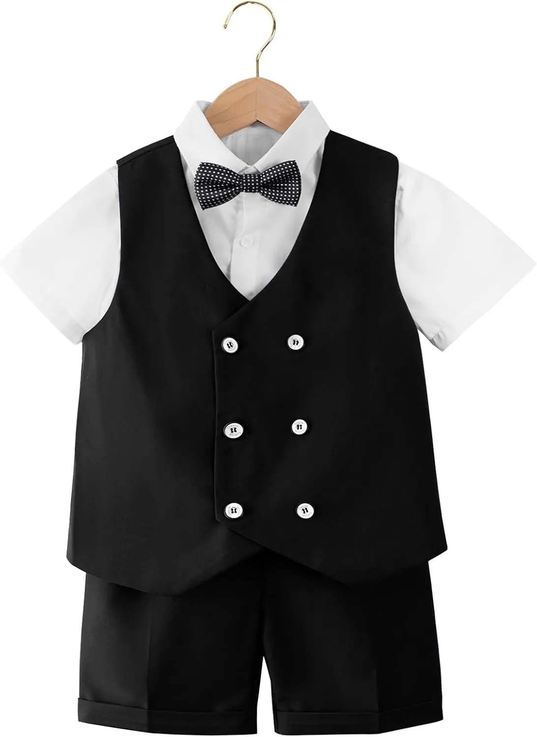 LOLANTA 4Pcs Summer Boys Suit, Kids Dress Clothes Shirt Vest Shorts Bow Tie, Waistcoat Tuxedo Wedding Ring Bearer Outfit