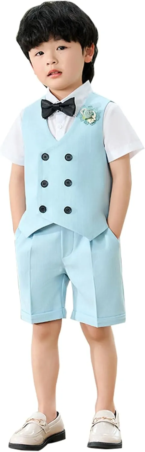 LOLANTA 4Pcs Summer Boys Suit, Kids Dress Clothes Shirt Vest Shorts Bow Tie, Waistcoat Tuxedo Wedding Ring Bearer Outfit
