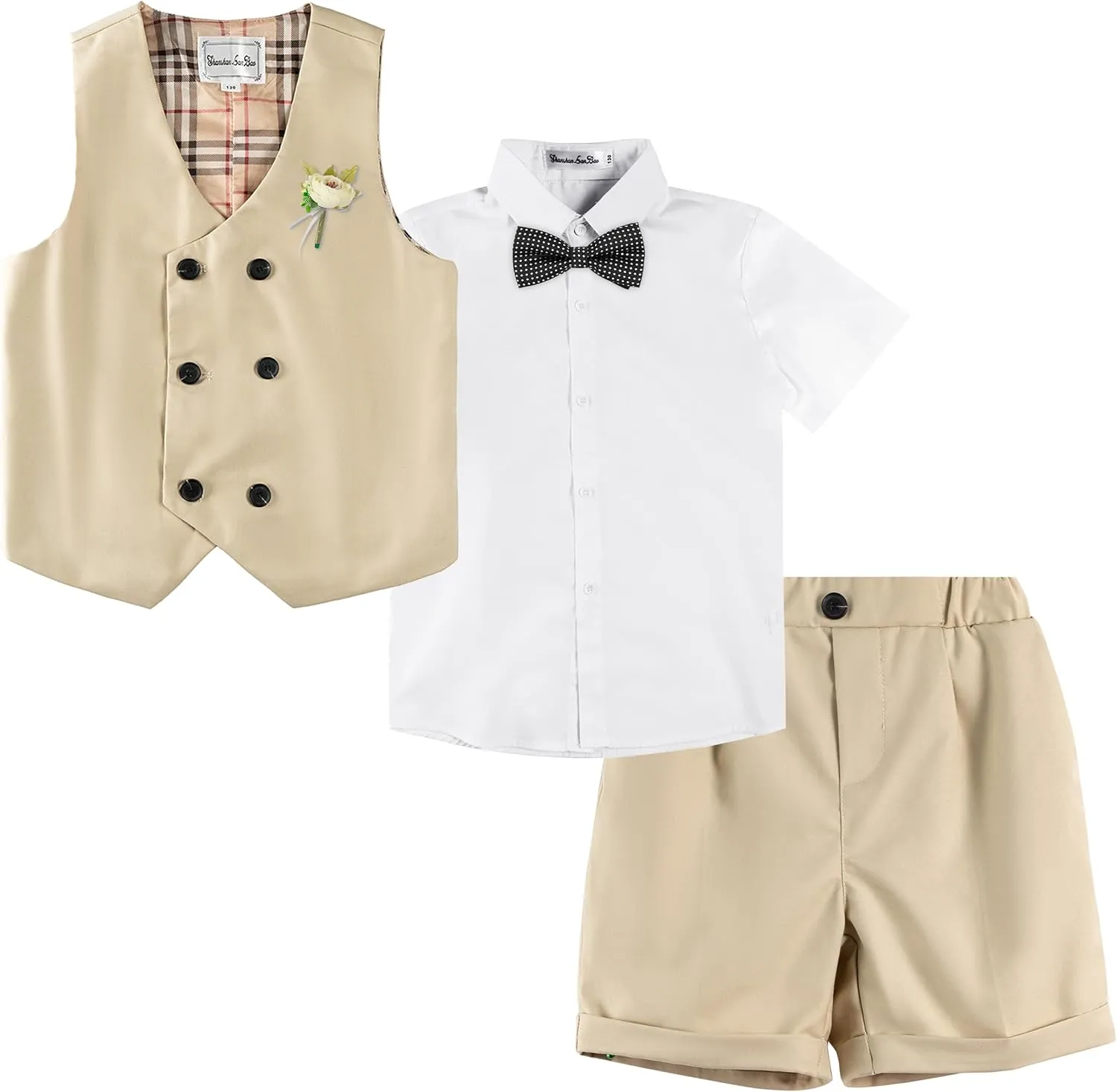 LOLANTA 4Pcs Summer Boys Suit, Kids Dress Clothes Shirt Vest Shorts Bow Tie, Waistcoat Tuxedo Wedding Ring Bearer Outfit