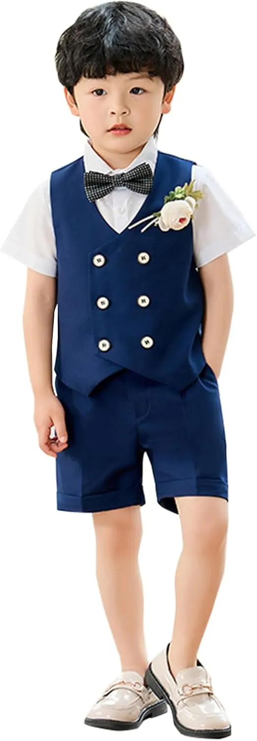 LOLANTA 4Pcs Summer Boys Suit, Kids Dress Clothes Shirt Vest Shorts Bow Tie, Waistcoat Tuxedo Wedding Ring Bearer Outfit