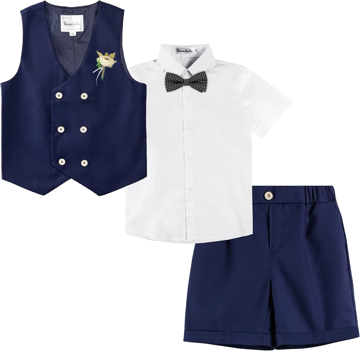 LOLANTA 4Pcs Summer Boys Suit, Kids Dress Clothes Shirt Vest Shorts Bow Tie, Waistcoat Tuxedo Wedding Ring Bearer Outfit