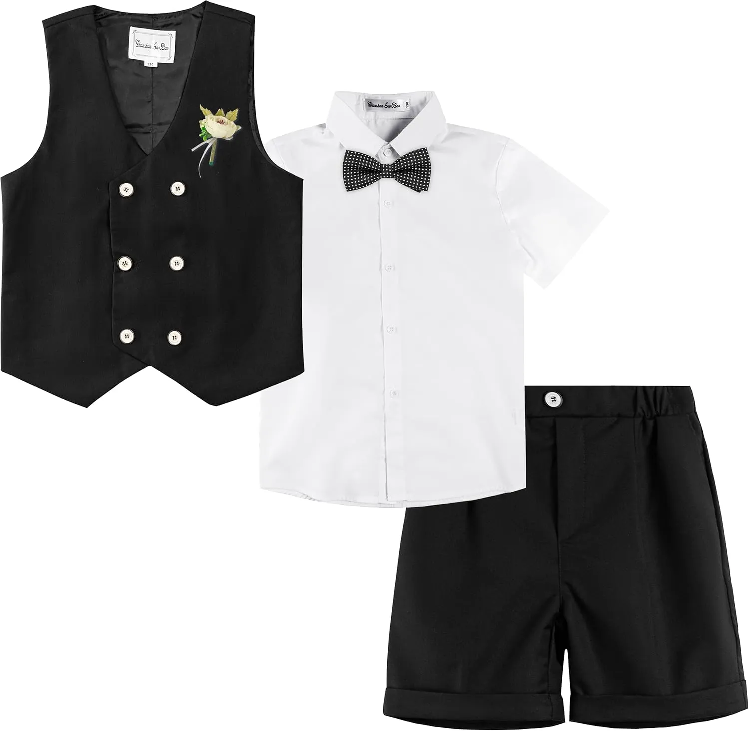 LOLANTA 4Pcs Summer Boys Suit, Kids Dress Clothes Shirt Vest Shorts Bow Tie, Waistcoat Tuxedo Wedding Ring Bearer Outfit