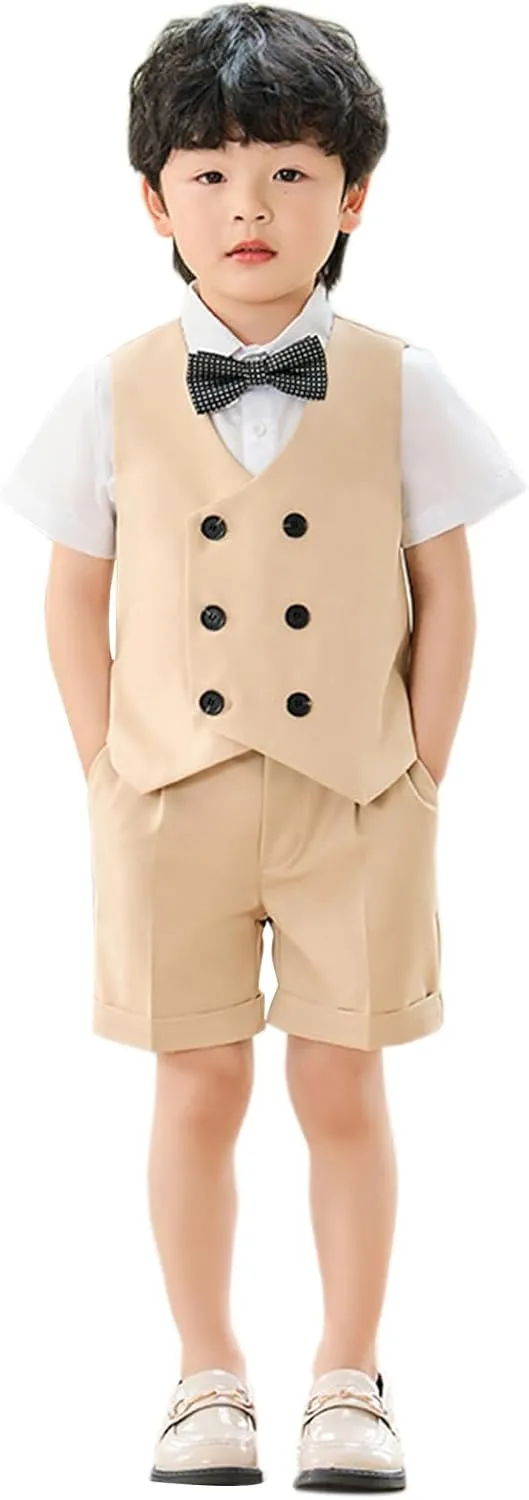 LOLANTA 4Pcs Summer Boys Suit, Kids Dress Clothes Shirt Vest Shorts Bow Tie, Waistcoat Tuxedo Wedding Ring Bearer Outfit