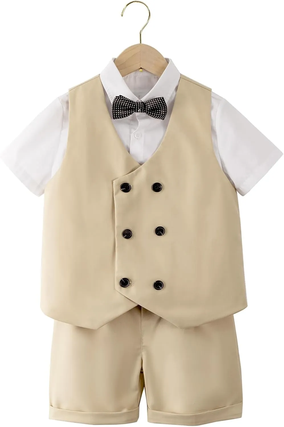 LOLANTA 4Pcs Summer Boys Suit, Kids Dress Clothes Shirt Vest Shorts Bow Tie, Waistcoat Tuxedo Wedding Ring Bearer Outfit